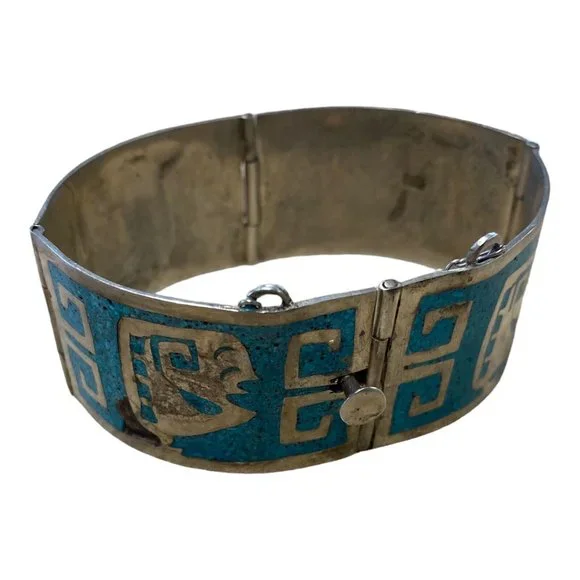 Mexico 925 Sterling Silver Crushed Turquoise Inlay Greek Key Bracelet READ